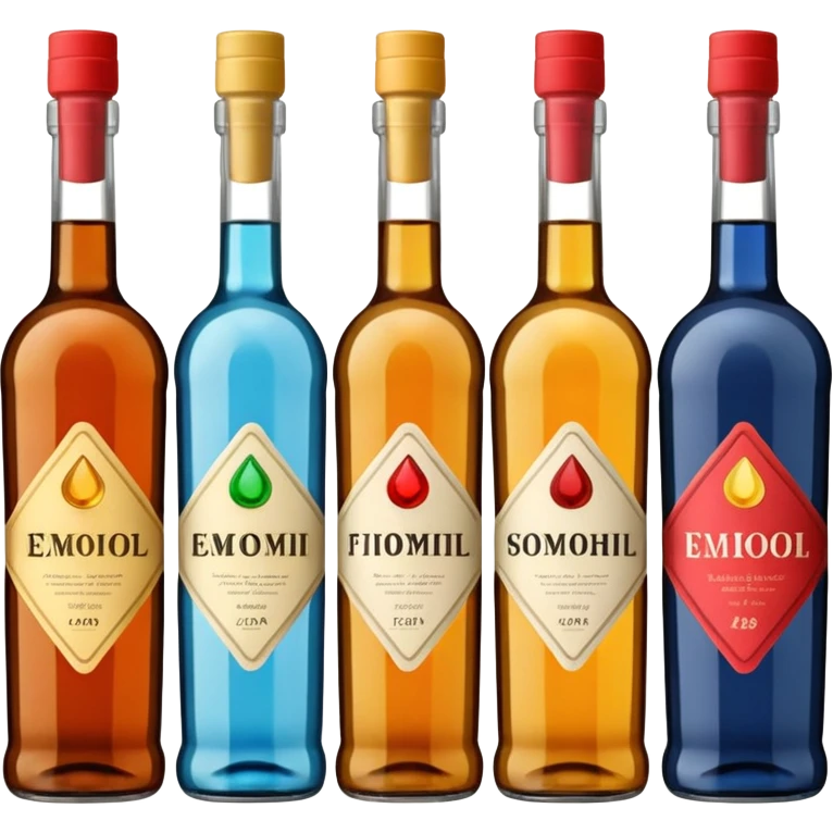 Four bottles of alcohol, each with distinct shapes and labels, arranged neatly in a row. The bottles should vary in color and size, with detailed labels and caps. emoji