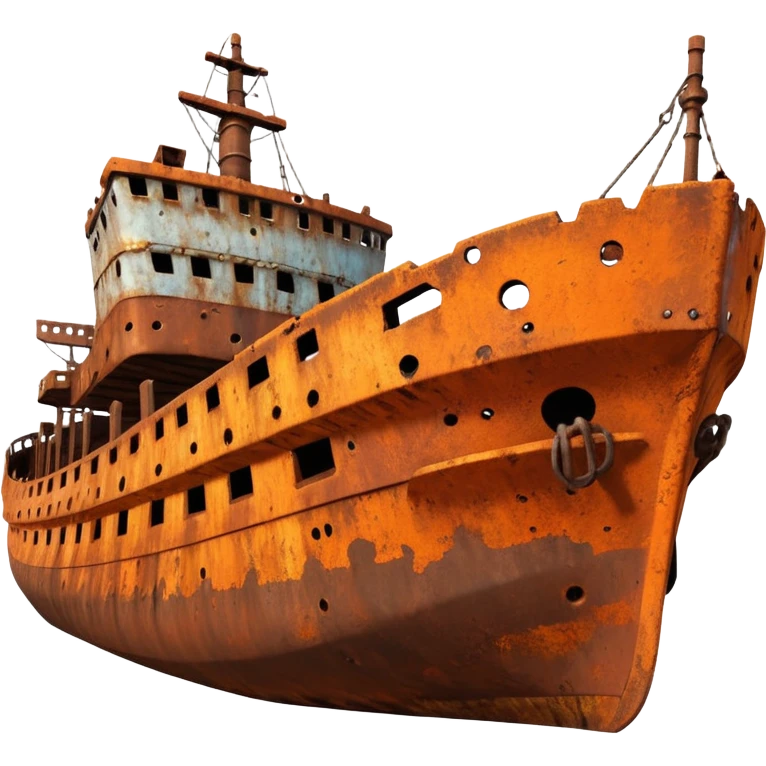rusted ship wreck, heavily corroded metal hull, orange-brown rust textures, abandoned old ship, weathered surface, dramatic lighting, cinematic atmosphere, 3D cartoon style, mobile game environment art, clean composition, no people, no text, no watermark
 emoji