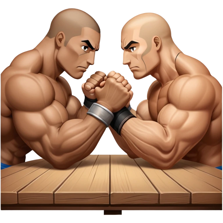 Two powerful arms locked in an intense arm wrestling competition. One arm is strong and steady, while the other strains to push back. The background shows a simple table with a focus on the clash of strength and determination. Transparent background. emoji