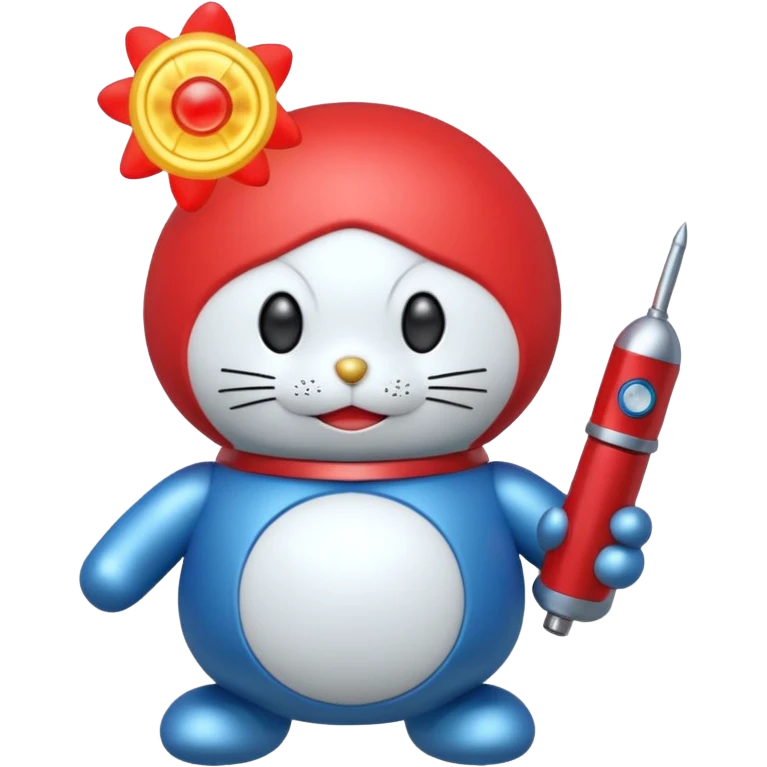 Red mad doraemon plush holding a nuke button emoji
