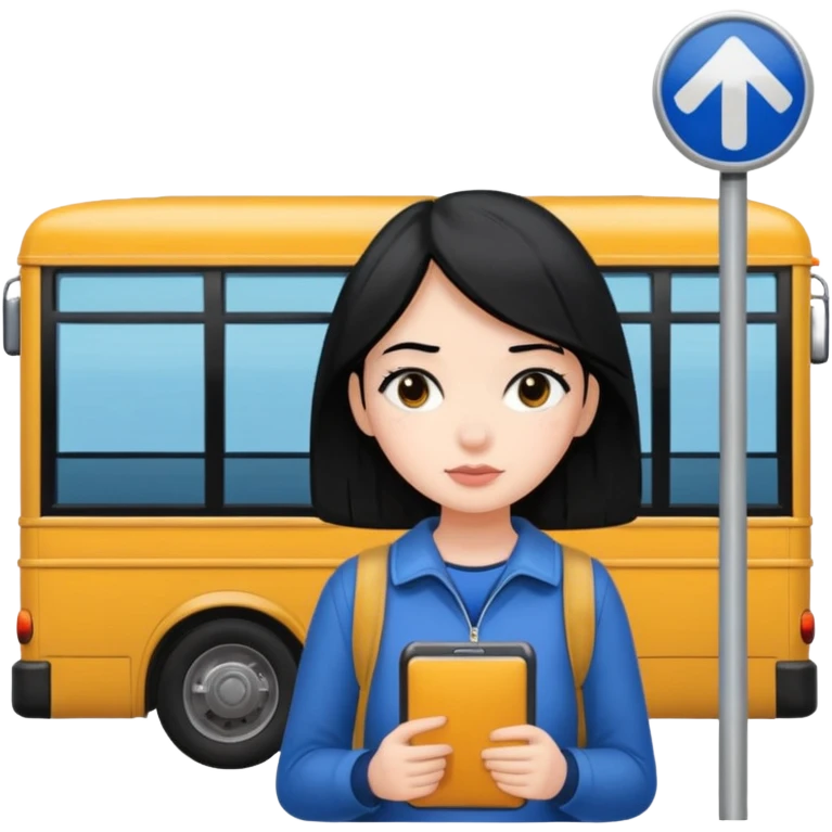 Girl with black hair waiting at bus stop emoji