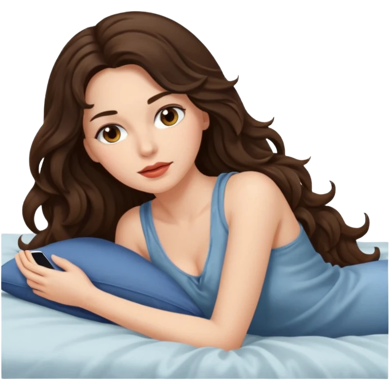 Brunette woman long wavy hair on bed provocative  emoji