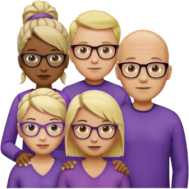 FIVE person team; 2 men and 3 women.  All dressed in yellow or purple.  2 caucasian women have blonde and 1 has ash blonde hair tied up.  1 man is African-american and bald, 1 man is caucasian and very little hair left.  All have glasses emoji