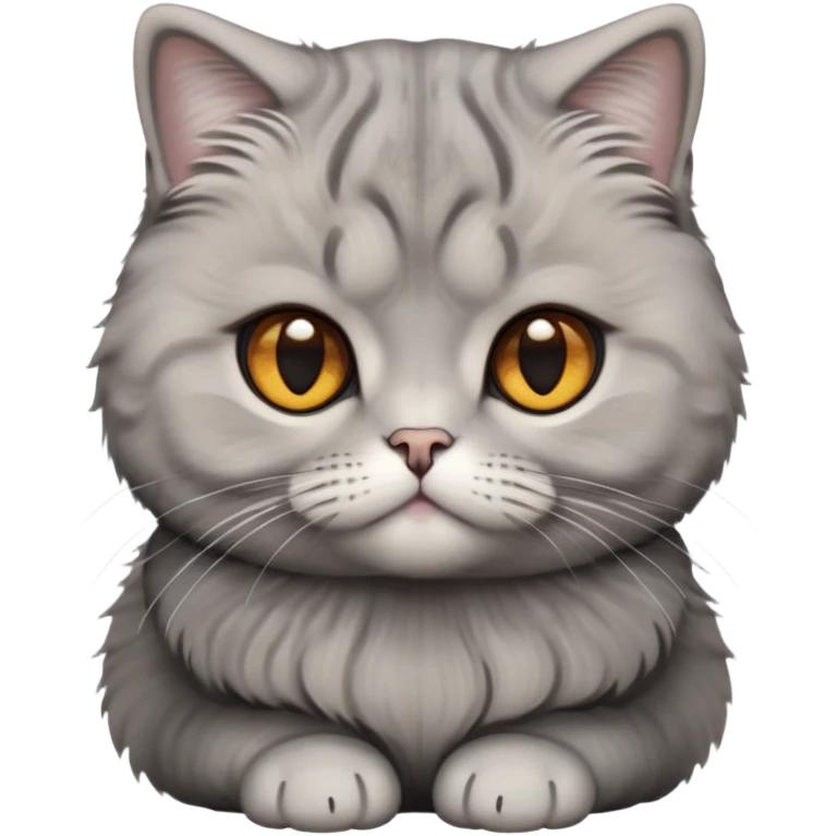 Cinematic-Fluffy-Grey-Scottish-Fold-Cat-Portrait-Emoji – Head tilted cutely with big, sparkling amber eyes, soft solid-grey fur with a velvety sheen, signature folded ears giving an irresistibly endearing look, simplified yet charmingly adorable features, highly detailed, glowing with a soft and warm charm. emoji