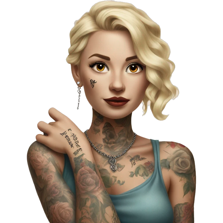 Blonde elegant women, her Body Covered with Tattoos, POINTING YOU with her ONE HAND , Hyper realistic emoji