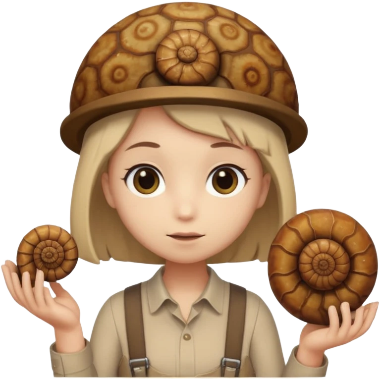 Shelly has a small, chibi-style body with a large ammonite-shaped head that looks like a beige fossil shell. One side of her head has a dark opening, making it clear she isn’t human. Her face is simple and soft, with big round eyes. She wears a brown suspender outfit over a lighter shirt emoji