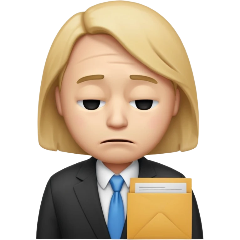 unisex emoji character wearing a suit. face has a very sad crying, disappointed expression with drooping eyebrows and half-closed eyes. posture is dejected, with slumped shoulders just rejected from his interview to get a job, holding cv. emoji