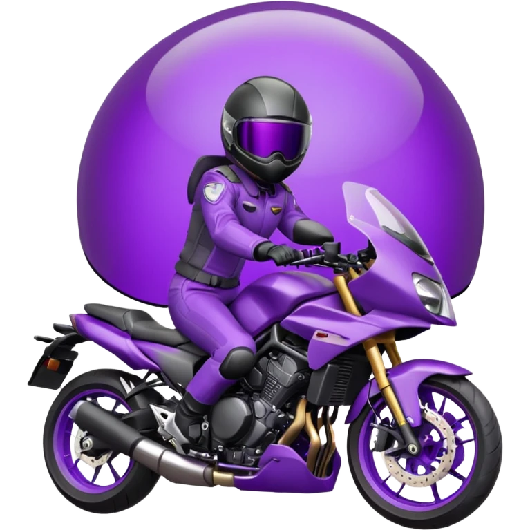 Créer un emoji avec une moto mt07 sport noir mate / violet iridescent très foncé. Avec une pilote dessus visière violet sombre faceless, bulle de la moto violet. Avec fond arrière violet emoji