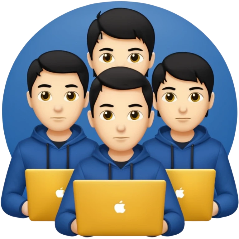 technologist using laptop coding with 2 other technologist three of it is man skin color yellow that using 3 laptop the hair is black and the cloth is dark blue emoji