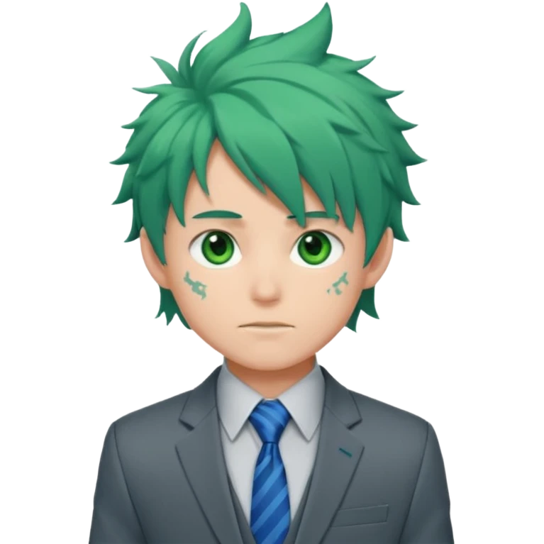 deku : boy anmie green hair green eyes in a ua gray jacket and blue tie suit with frenkles messy hair emoji