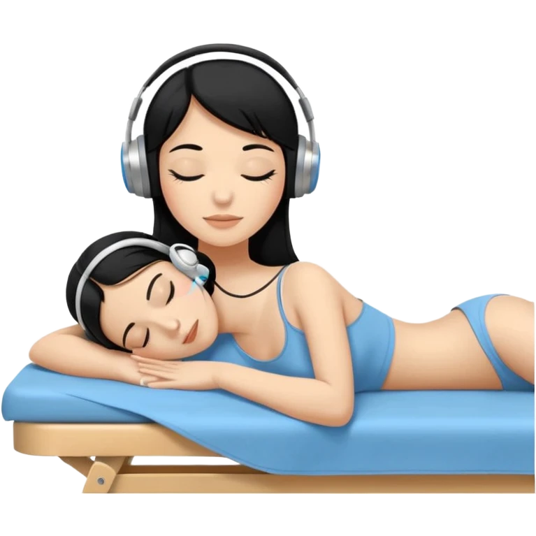 A stylized young woman with black hair lying on a massage table, relaxed, wearing headphones, small musical notes around the head. Flat vector style, thick black outline, simple palette (warm beige-brown tones + accent blue), clean background, high legibility at small size. 72x72, square, vector. emoji