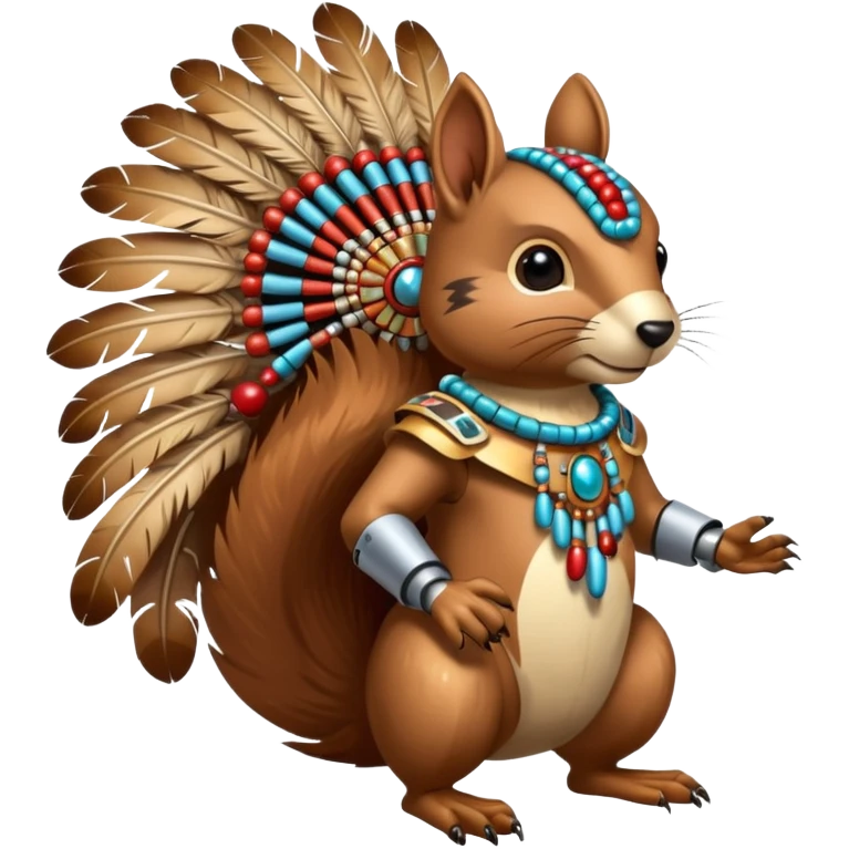 Full Robotic squirrel wearing native American regalia with feathers and beads emoji