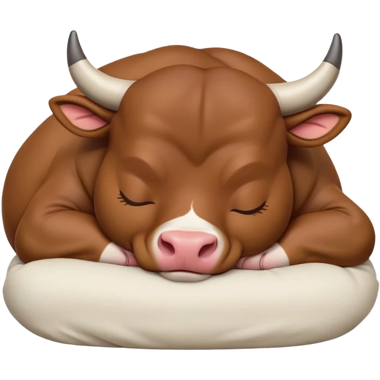 meme-worthy-cute-sleeping-domestic-bull-portrait-emoji,-head-resting-peacefully-with-a-contented-smile,-showcasing-a-robust,-muscular-build-and-a-luxuriously-soft-coat,-eyes-gently-closed-in-serene,-restful-slumber,-simplified,-solid-brown emoji