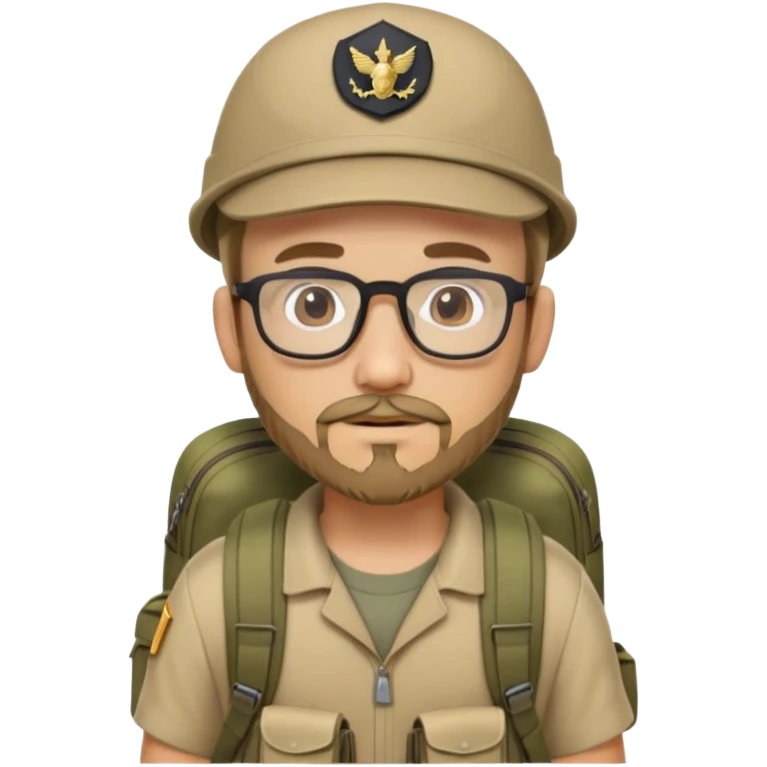 adventurer with goatee beard (no beard on cheeks), short hair, glasses, backwards military tan cap and backpack emoji