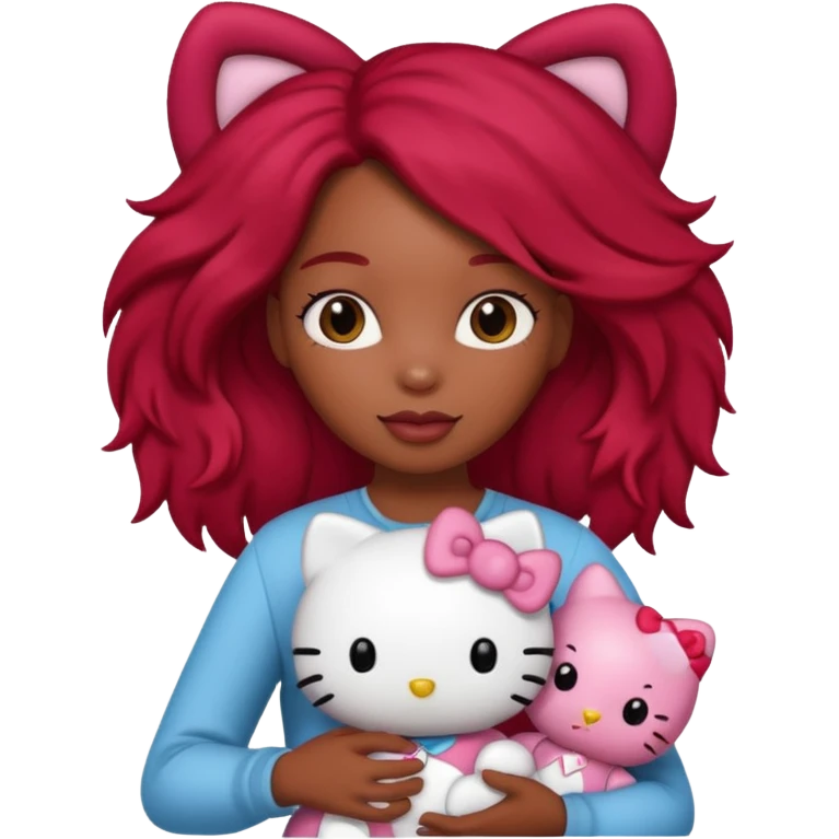 black woman with long brown and red hair, holding a hello kitty plushie  emoji