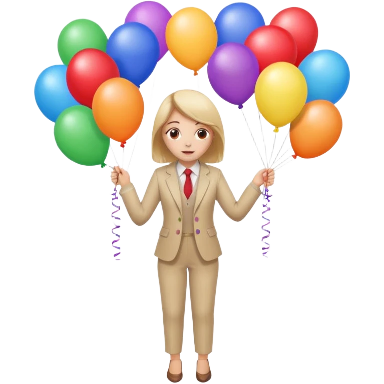 birthday  girl in biege suit + baloons emoji