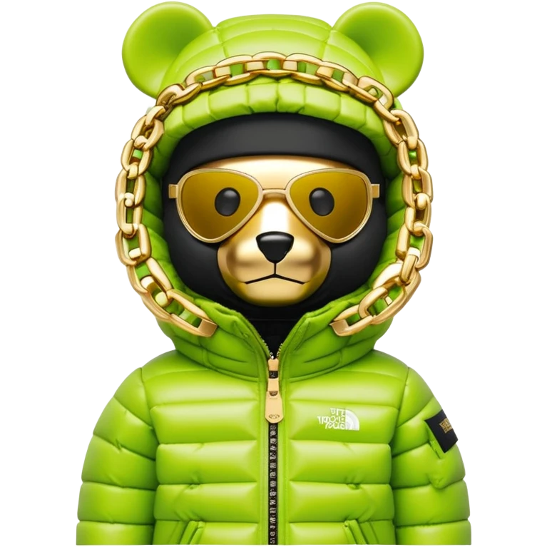 perfectly crafted bearbrick with authentic geometric shape, premium lime balaclava with professionally integrated dark visor lens, Supreme x North Face collaboration puffer jacket with luxurious fur trim, multiple detailed gold chains, ultimate collector's piece emoji