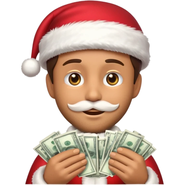 A confident rich emoji face wearing a Santa hat, money stacks, casino vibe, New Year theme, premium 3D emoji style, sharp details, no text, isolated on transparent background emoji