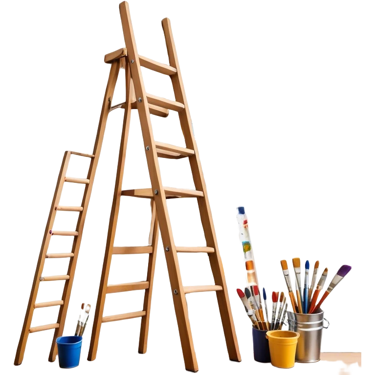 Wall painting icon, hand-painted mural on a wall, visible paintbrushes, paint pots, and ladder, a beautiful picture in progress on the wall, intricate patterns or designs, minimalistic style, clean lines, transparent background. emoji