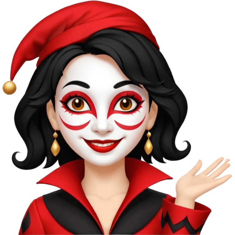 Jester woman, black and red suit, black hair, white and black make up emoji