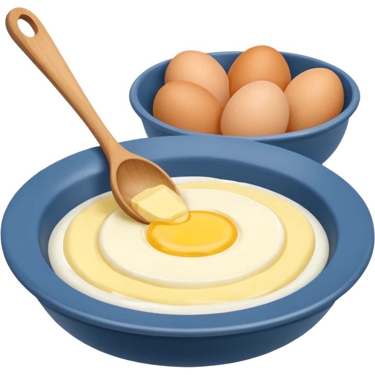 a dozen eggs, a ceramic mixing bowl with a wooden spoon and a plate of butter emoji