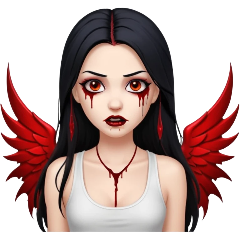 White woman with a white tank top long black hair glossy middle part long hair vamp look with fangs or blood dripping down lips brown eyes eyeliner winged with lashes top and bottom white border emoji