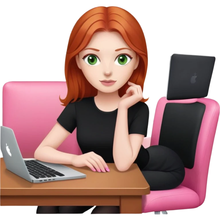 Redhead with green eyes sat at desk with pink MacBook and black top and pink chair  emoji