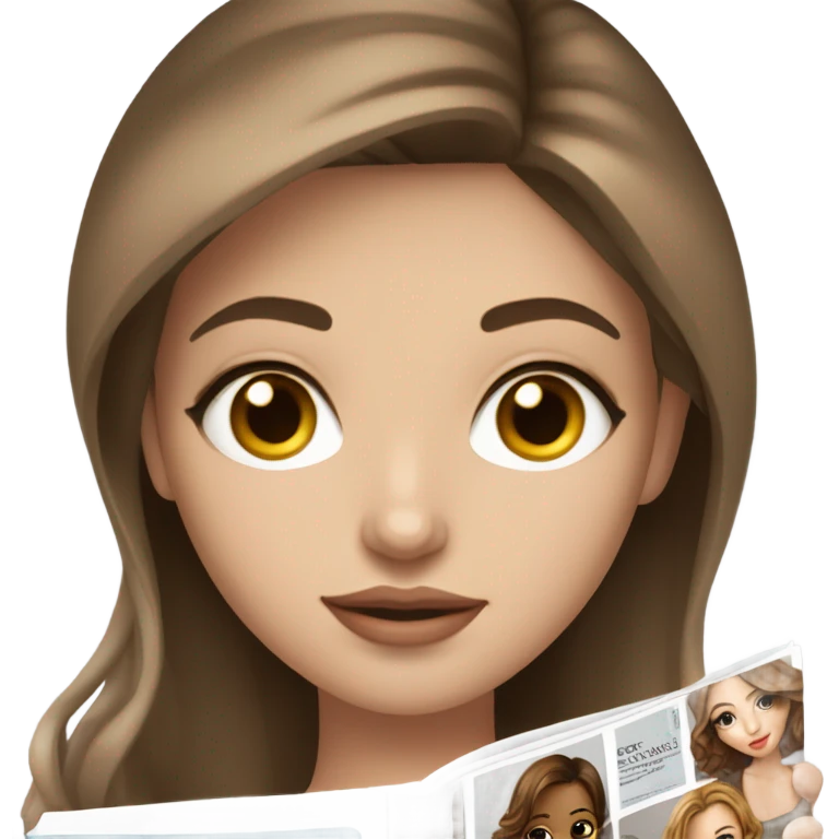 pretty girl with white skin and brown hair reading a fashion magazine with girl on the cover of the magazine emoji