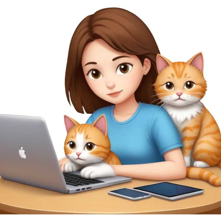 A girl is working on a laptop with a cat lying next to it emoji