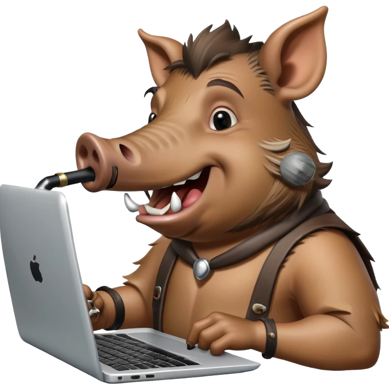 кабан с курительной трубкой смотрит в ноутбук и смеется  emoji