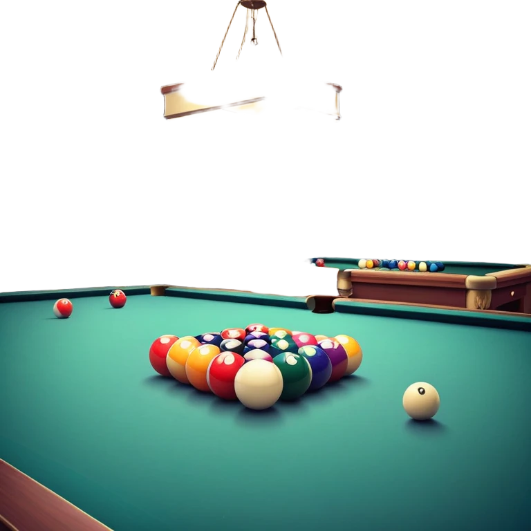 A well-arranged pool table with colorful billiard balls neatly placed, and a cue stick poised to take a shot. The setting is a dimly lit room with a focused atmosphere, highlighting the precision and strategy involved in the game of billiards. emoji