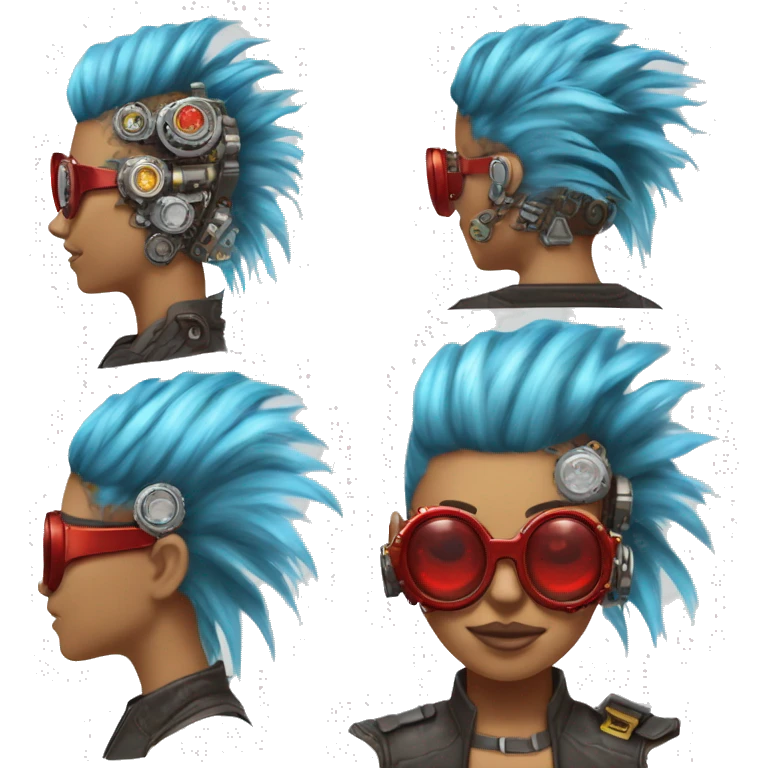 Light blue Mohawk hair female cyborg head with red steampunk goggles and circuits emoji