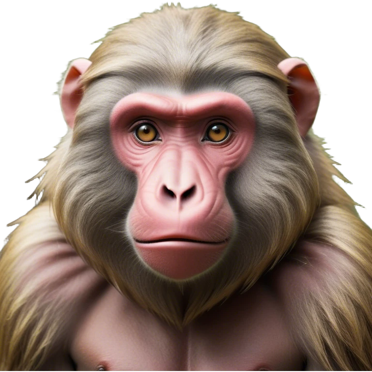 Cinematic Realistic Noble Baboon Portrait Emoji, Poised and commanding, with a robust, muscular build and a richly textured face marked by prominent brows, a powerful jawline, and deep, soulful eyes rendered in natural earthy tones, high shine, intelligent and bold, styled with an air of wild majesty, focused and attentive, soft glowing outline, capturing the essence of a watchful and confident baboon that exudes raw, regal power! emoji
