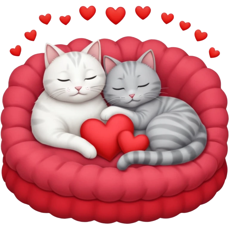 White cat and gray cat sleeping together in a bed full of hearts emoji