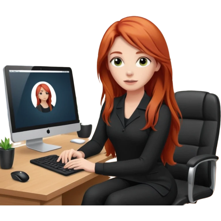 Video call therapy session: red-haired therapist with long hair wearing black minimalist clothing, seated in a professional home office, looking at the webcam; calm, modern teletherapy setting emoji