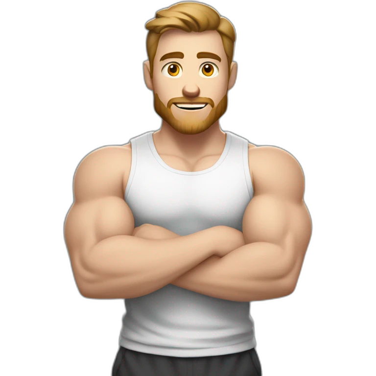 Close up Actively gesturing  with hands Pale skinned Fit Man With the biceps and brown hair in dark gray Sleeveless Mike, black oversize sports shorts, watch and white Sneakers emoji