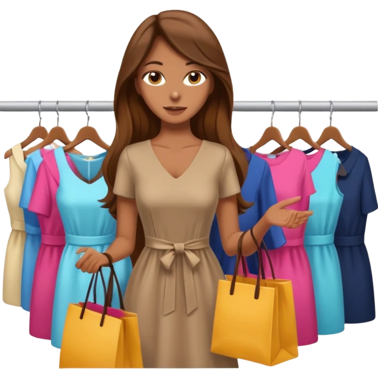 woman with brown long hair buys clothes in a store, shopping vibe emoji