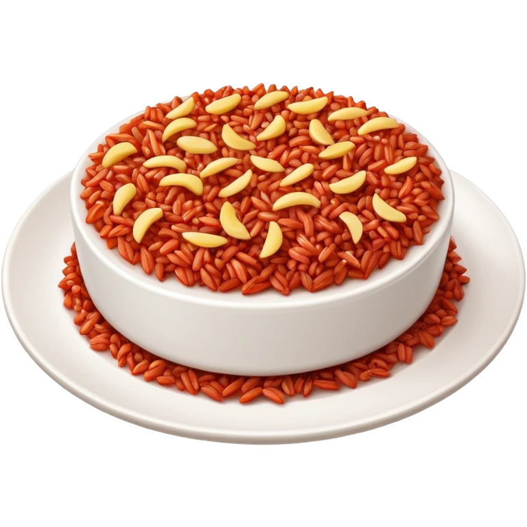 a white plate with red rice topping, one bite missing from the side emoji