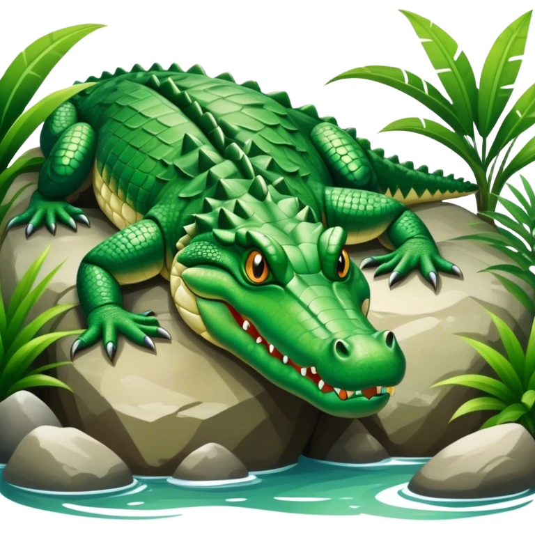 Crocodile resting, surrounded by rocks, water, and tropical plants. The green scales of the crocodile glisten under the light, with its sharp eyes focused ahead. The background features a naturalistic habitat with plants and water, giving it a lifelike feel. emoji