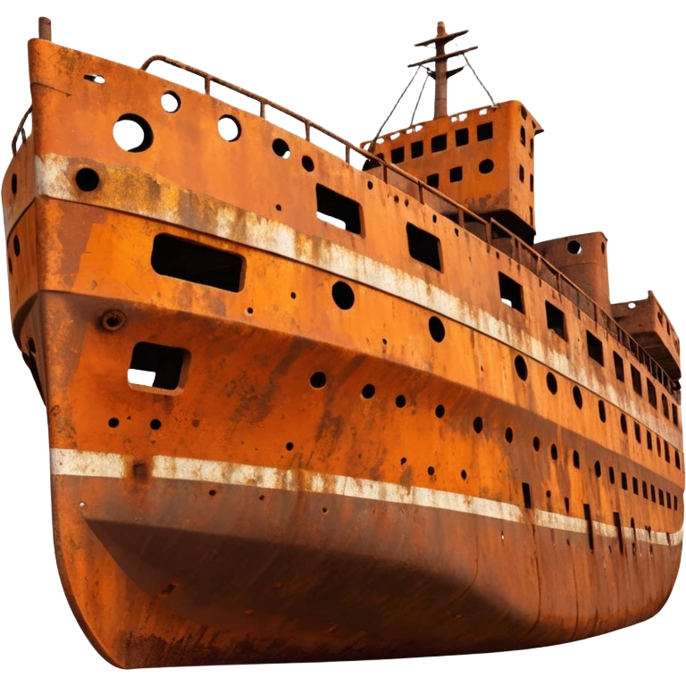 rusted ship wreck, heavily corroded metal hull, orange-brown rust textures, abandoned old ship, weathered surface, dramatic lighting, cinematic atmosphere, 3D cartoon style, mobile game environment art, clean composition, no people, no text, no watermark
 emoji