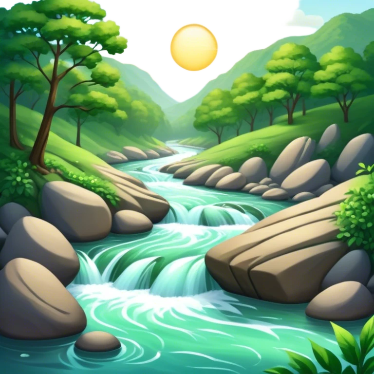 Cinematic Realistic River Emoji, Serene and flowing, with sparkling water meandering through lush greenery, surrounded by trees and rocks. The sun dances across the rippling surface, creating glimmering reflections while birds fly overhead. Soft glowing outline, capturing the essence of peacefulness and tranquility in a meandering river. emoji