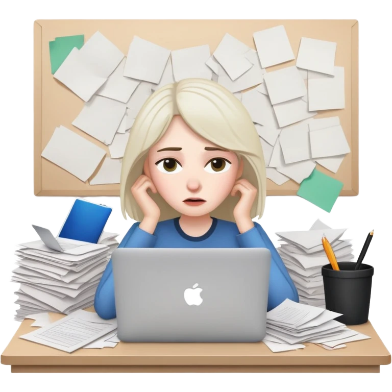 tired woman at a desk with a MacBook, surrounded by messy papers, emphasizing disorganization emoji
