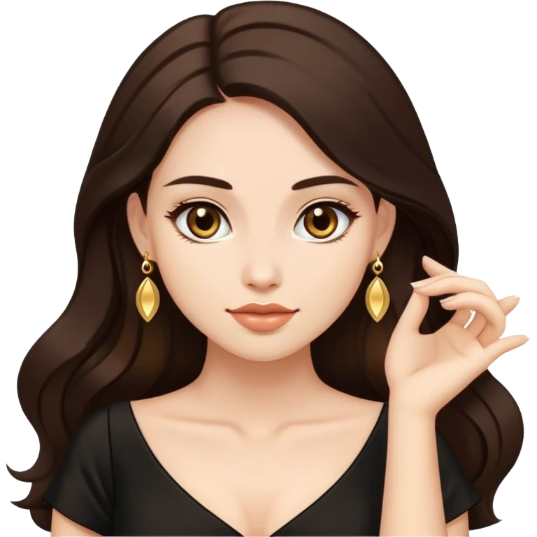 Beautiful woman,cute, long dark brown hair in dark dress with gold earrings emoji