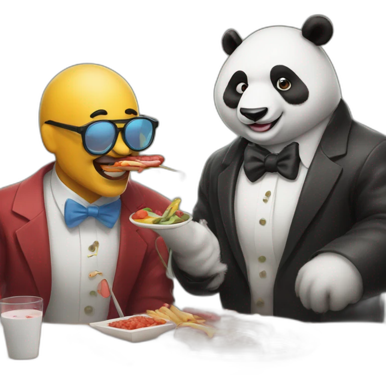 A professor and a panda in clown makeup are sitting and eating hotdogs with shrimp emoji