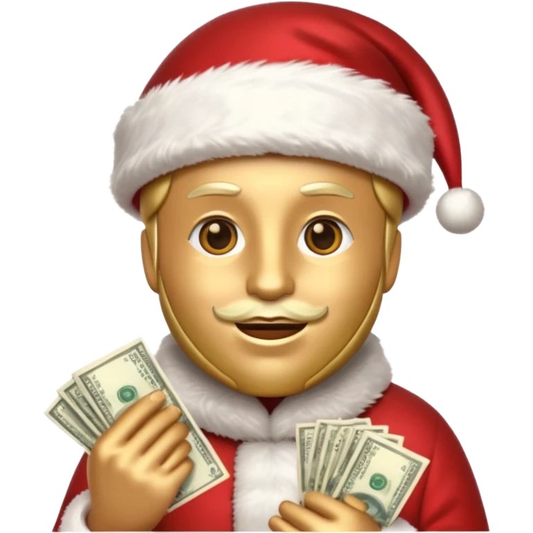 A confident rich emoji face wearing a Santa hat, money stacks, casino vibe, New Year theme, premium 3D emoji style, sharp details, no text, isolated on transparent background emoji