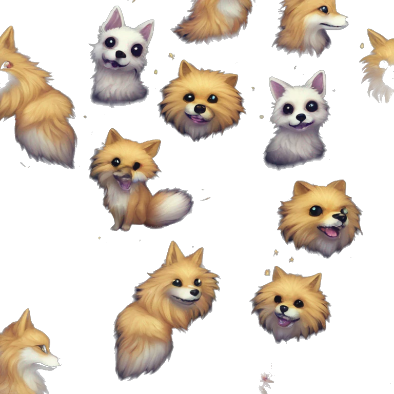 Black iridescent fluffy dog fox head zombie skeleton gold mechanical nebula galaxy stars flowers fairy lights vintage emoji