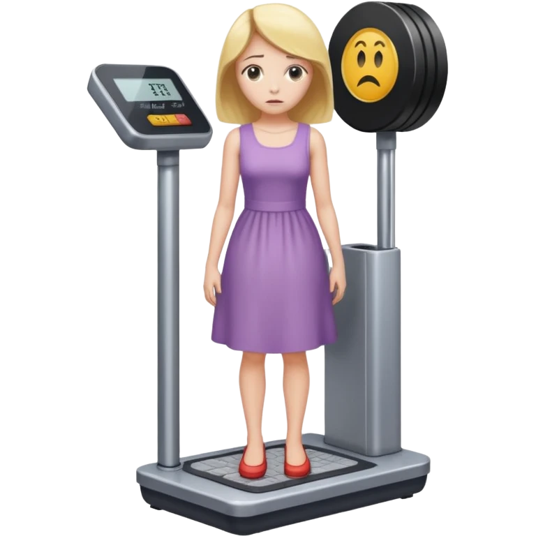 women is standing on weight check machine and she is sad because his weight is not ganaing showing weight also emoji