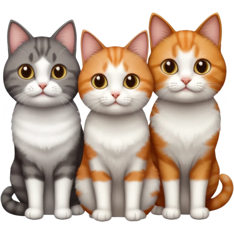 3 different coloured short haired cats including; a dark brown tabby and white cat, and a dark grey and white and a ginger and white emoji