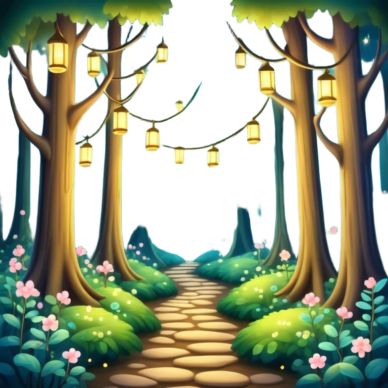 enchanted forest with tall trees, sparkling lights, whimsical atmosphere emoji