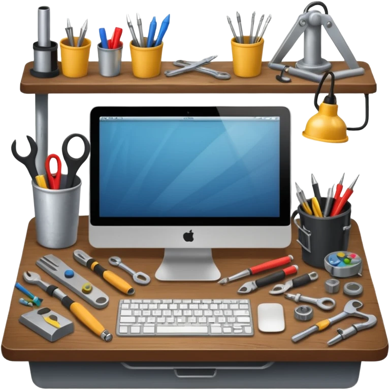 雜亂的工程師桌面，背景透明 emoji